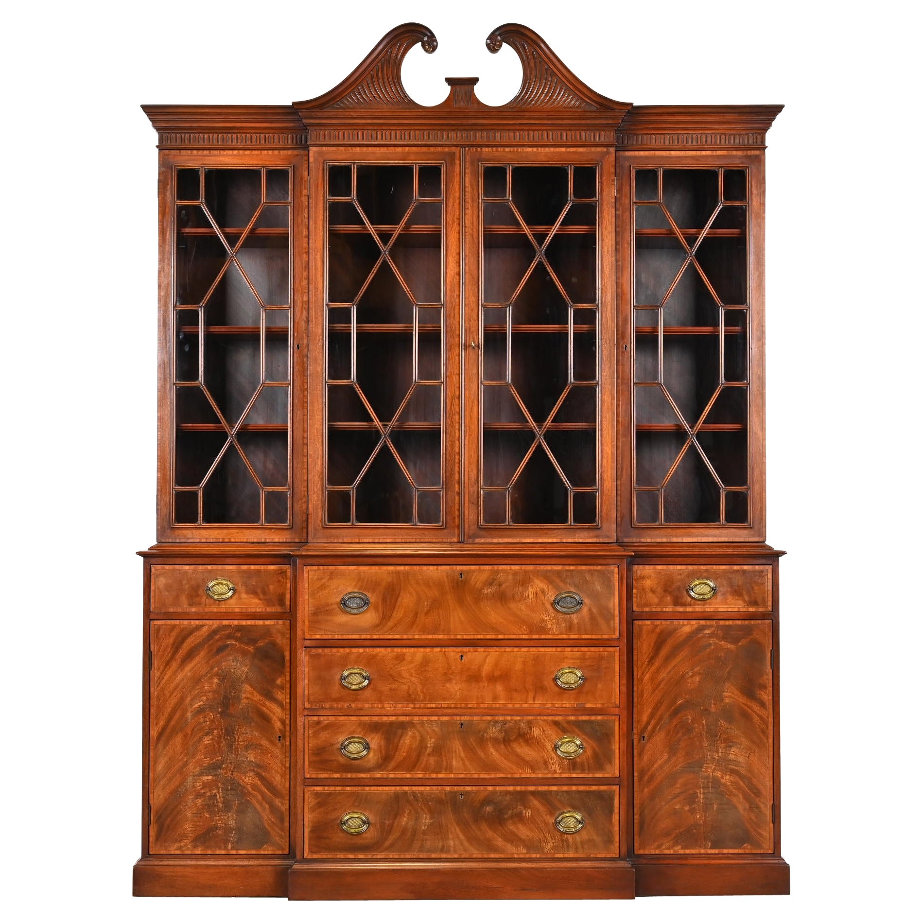 Georgian Carved Mahogany Breakfront Bookcase Cabinet by Beacon Hill