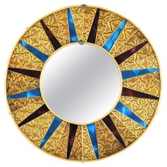 Midcentury Sunburst Glass Mosaic Round Wall Mirror, Red, Blue & Golden Glasses