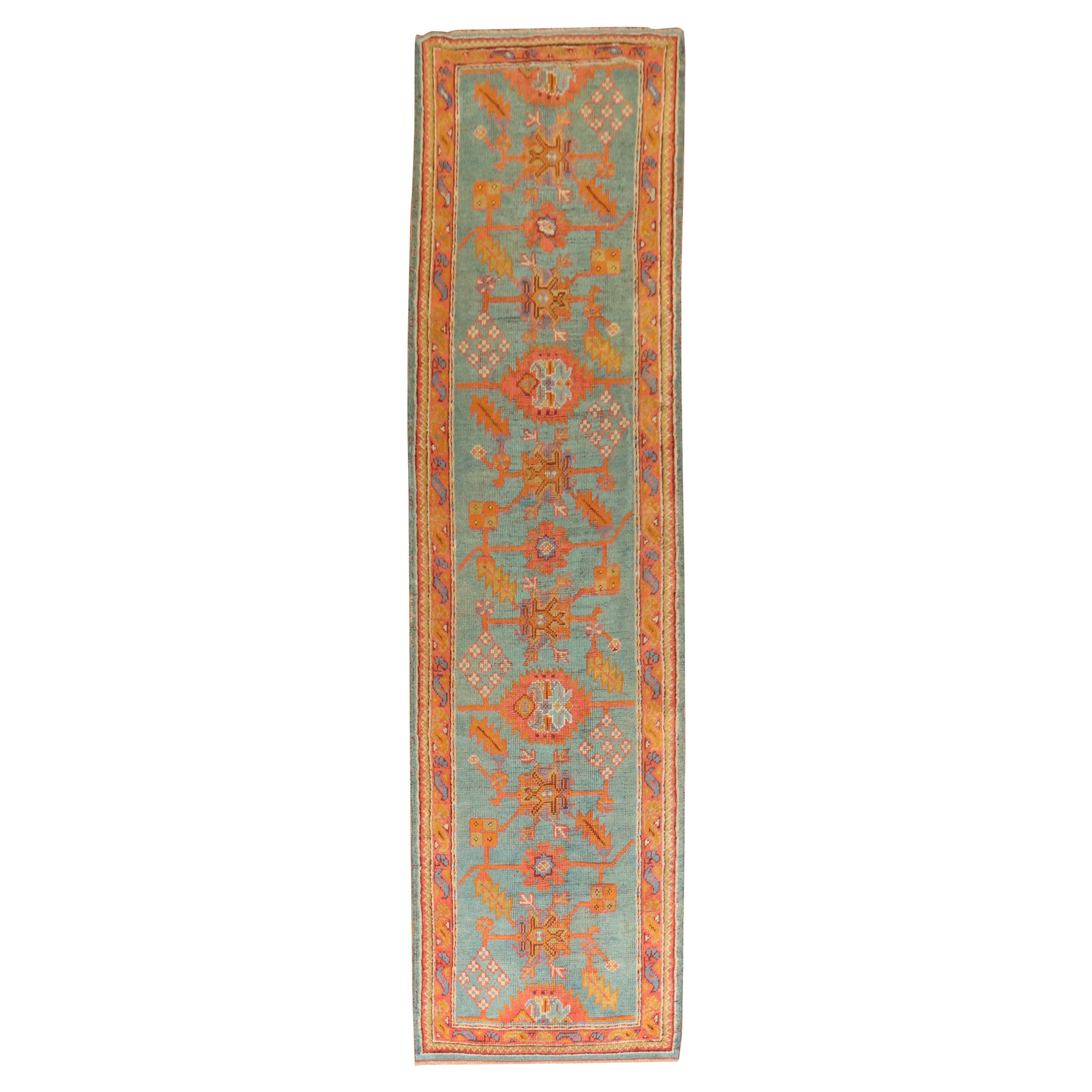 Zabihi Collection Antique Colorful Oushak Runner For Sale