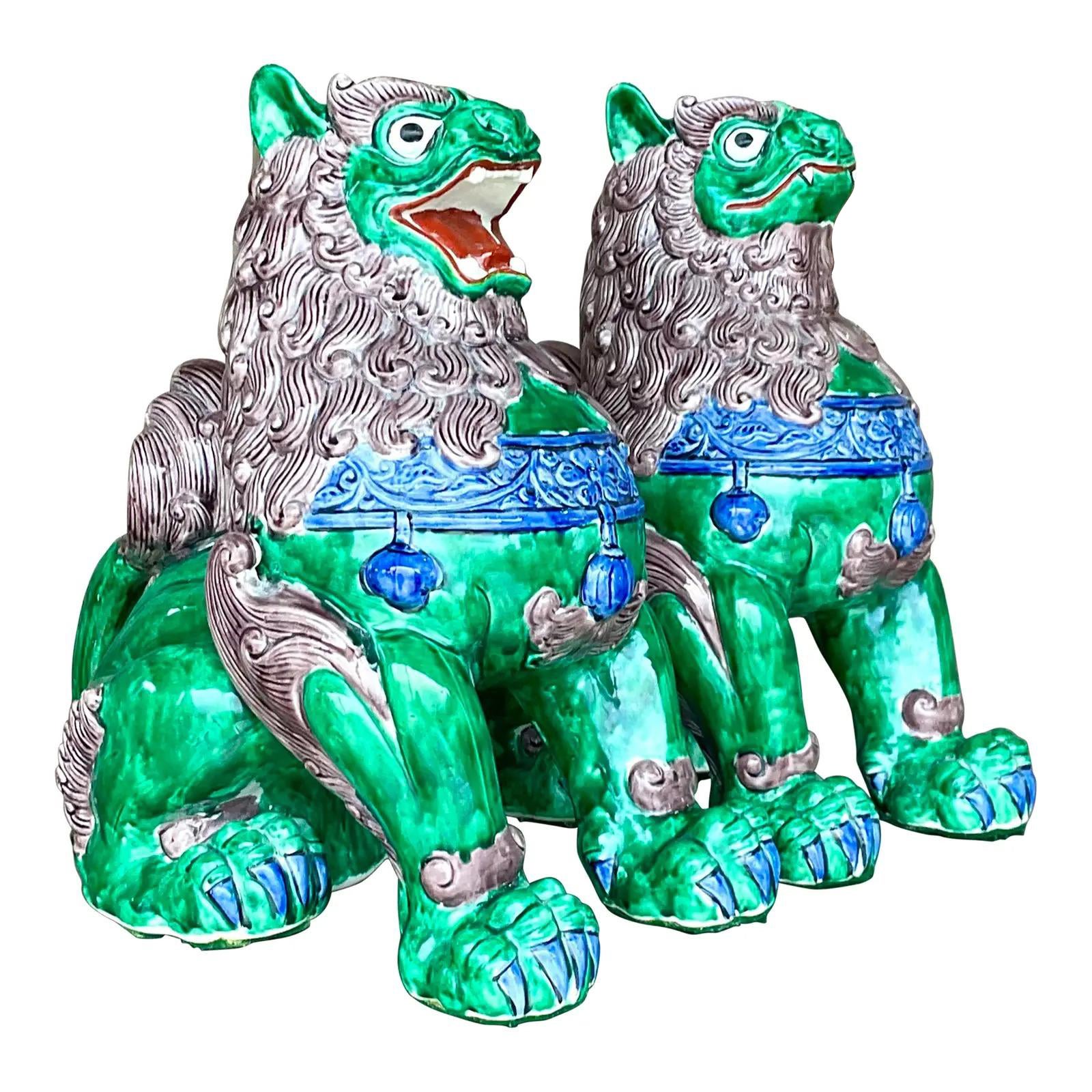 Vintage Asian Glazed Ceramic Foo Dogs - a Pair