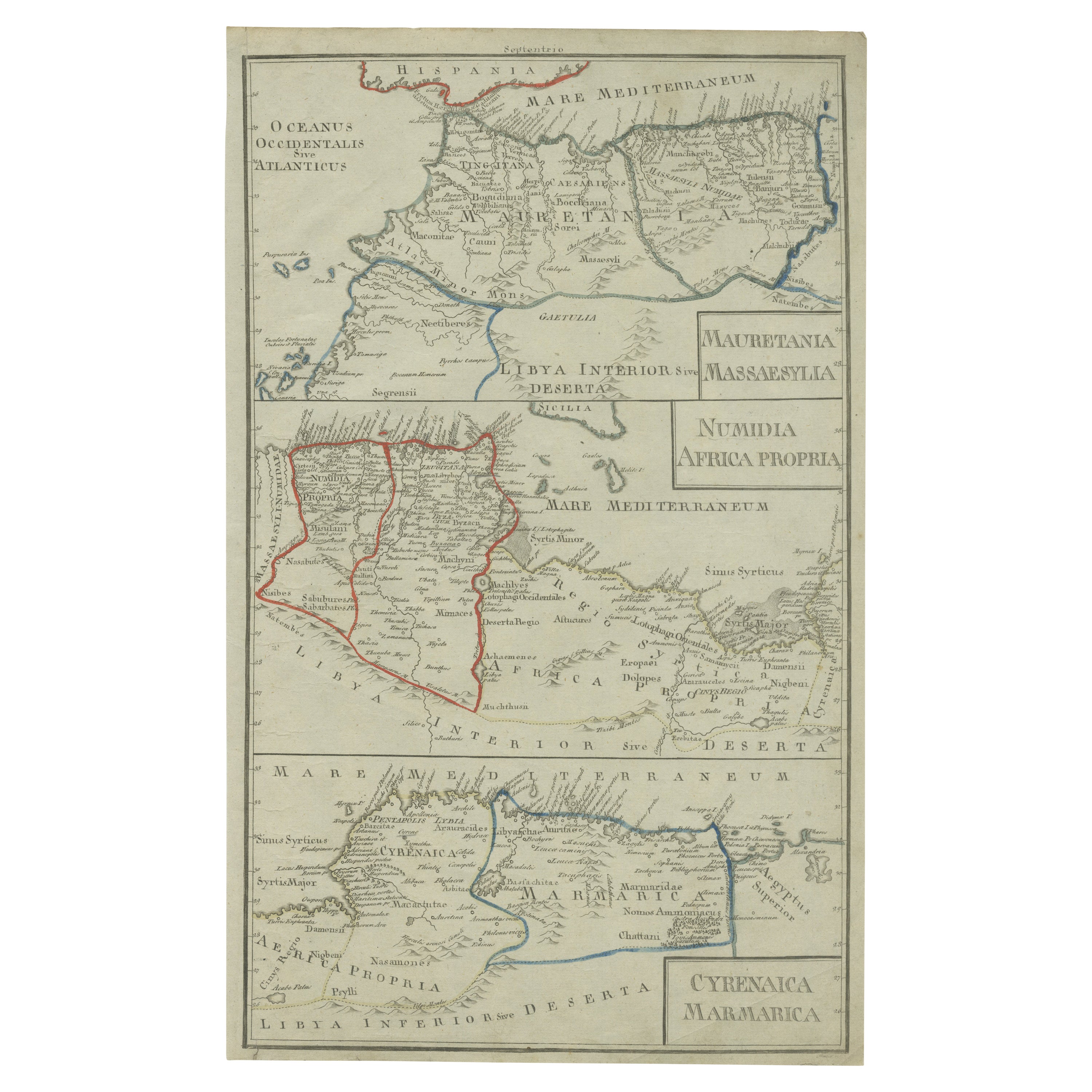 Antique Map of Mauritania, Massaesylia, Numidia, Tunisia, Cyrenaica & Marmarica