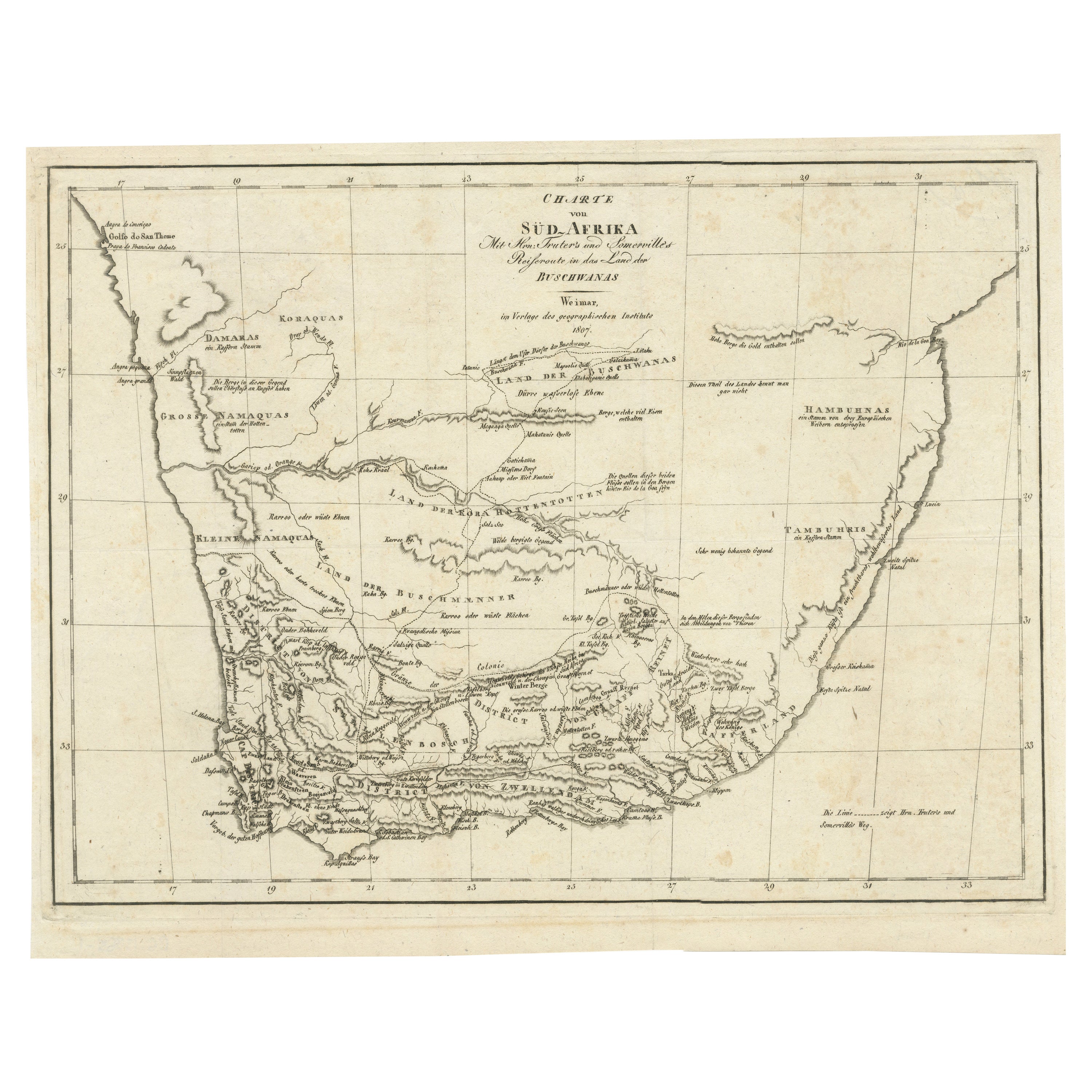 Antike Karte von Südafrika mit den Reisen von Truter und Somerville