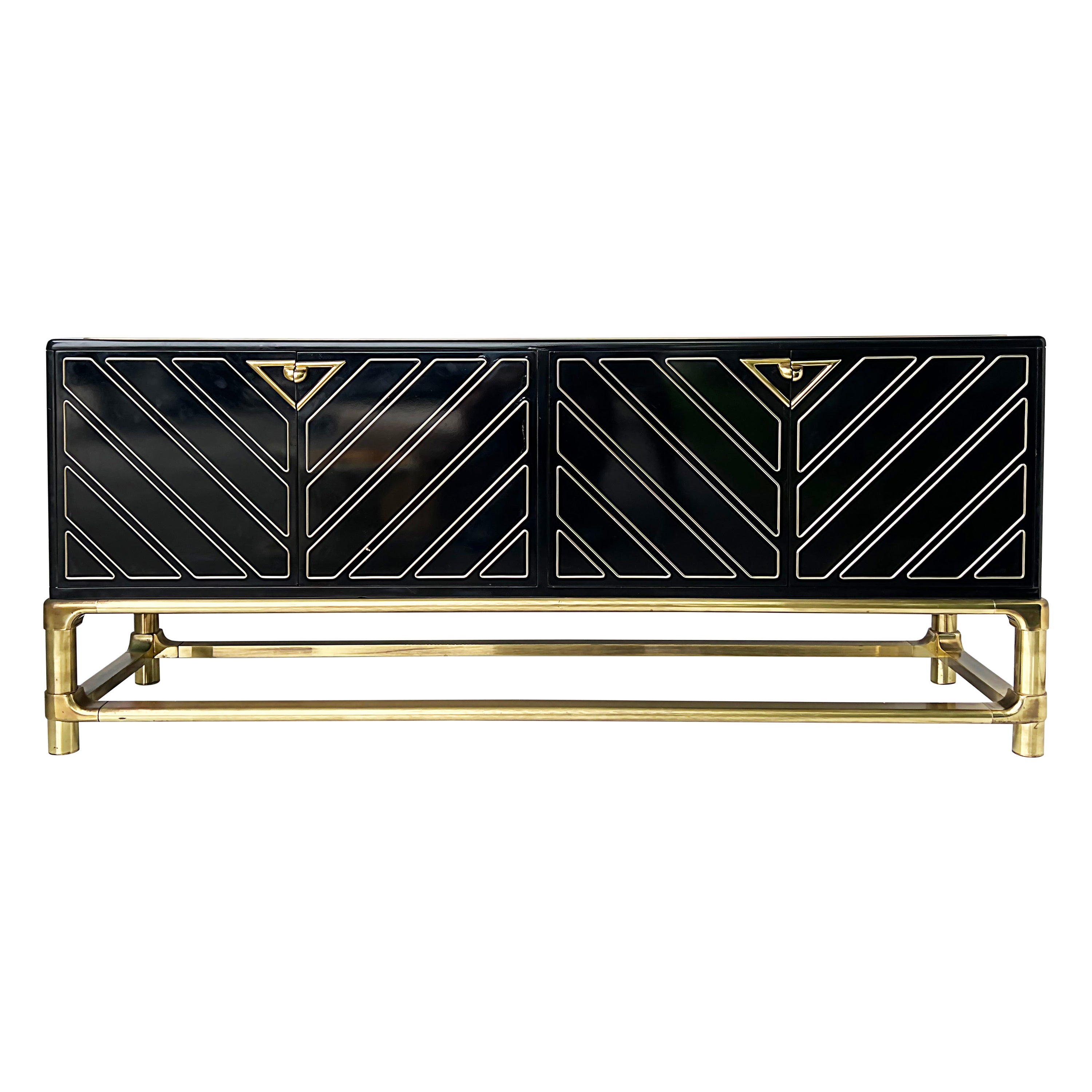 1980s Mastercraft Black Lacquer and Brass Credenza Buffet
