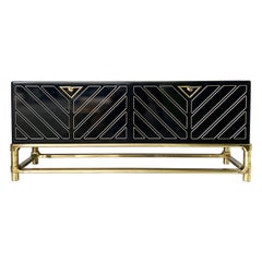 1980s Mastercraft Black Lacquer and Brass Credenza Buffet