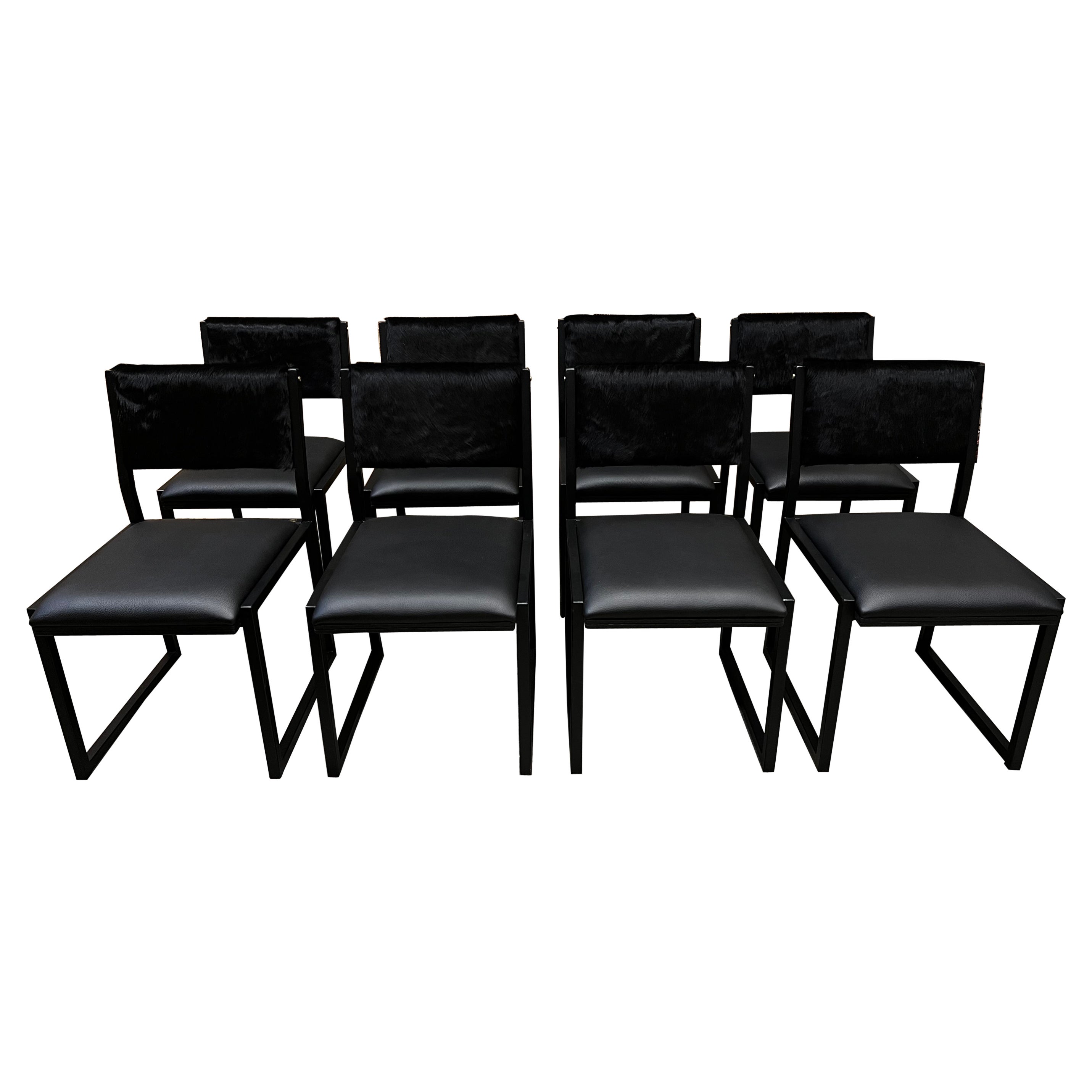 8x Shaker Modern Chairs by Ambrozia, Ebonized Oak, Black Leather, Black Cowhide For Sale