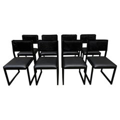 8x Shaker Modern Chairs by Ambrozia, Ebonized Oak, Black Leather, Black Cowhide