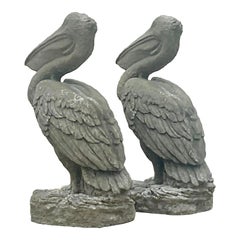 Vintage Coastal Monumental Cast Concrete Pelicans Statues, a Pair