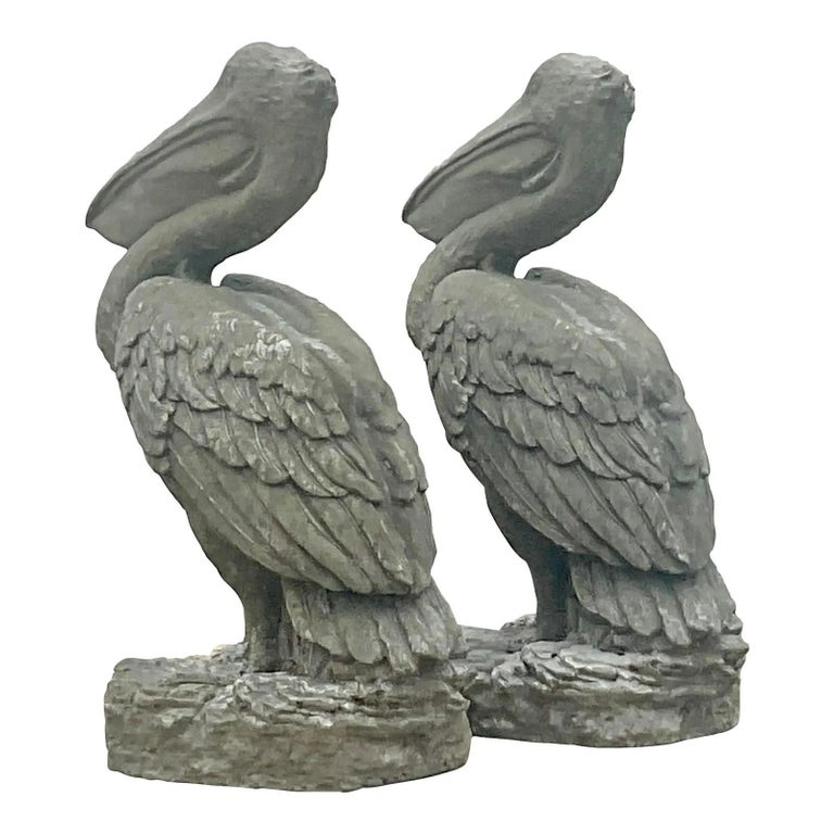 Vintage Coastal Monumental Cast Concrete Pelicans Statues, a Pair For