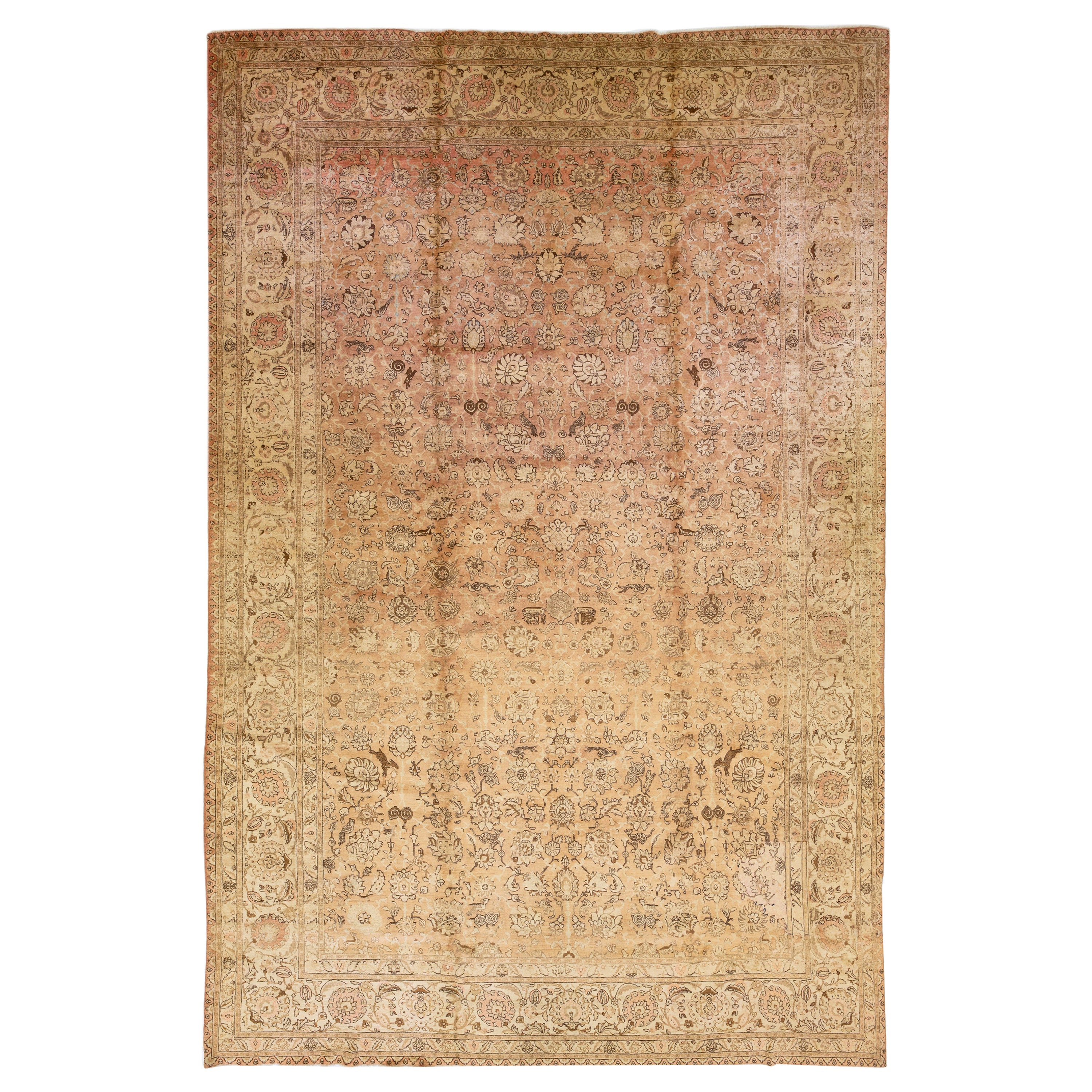 Oversize Allover Antique Persian Tabriz Wool Rug Handmade in Peach For Sale