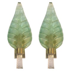 Pair of Mid-Century Modern Murano Glass & Brass Leaf Sconces by Barovier e Toso