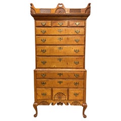 Dunlap School Tiger Maple Two Part Highboy or High Chest
