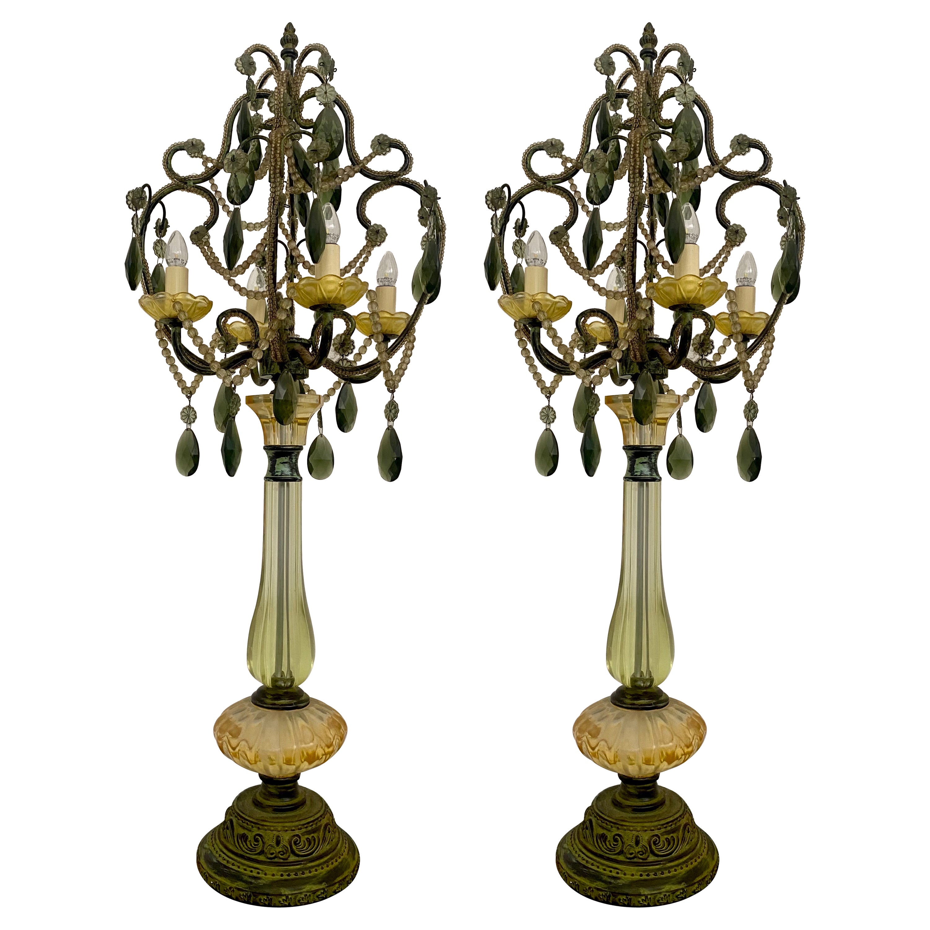 Pair of Vintage Green Glass Chandelier Table Lamps