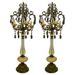 Paire de lampes de table chandelier vintage en verre vert