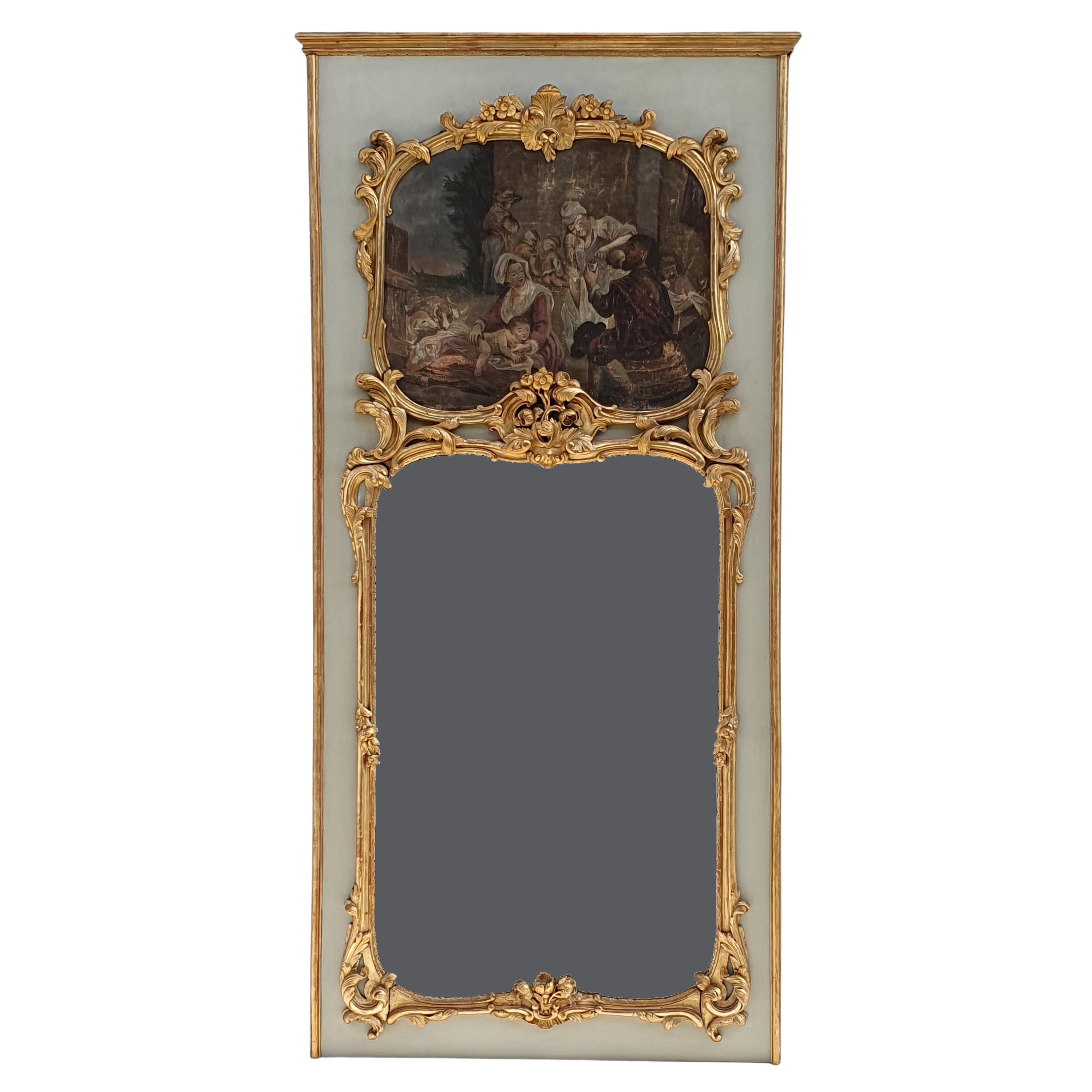 Grand Trumeau Louis XV en bois laqué et doré