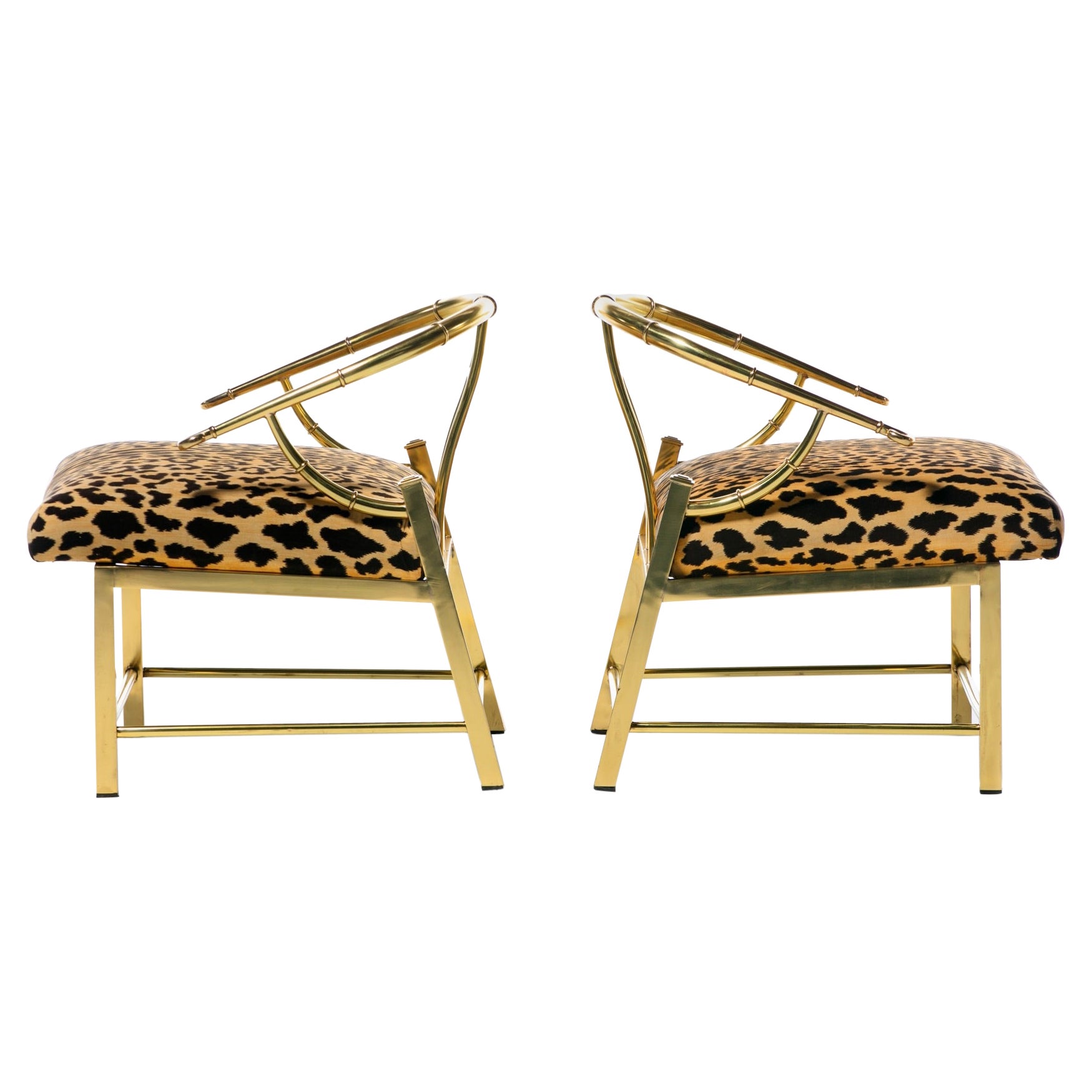 Pair of Brass Hollywood Regency Chairs in Leopard Velvet by Mastercraft C. 1960s