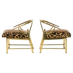 Vintage Pair of Brass Hollywood Regency Chairs in Leopard Velvet by Mastercraft C. 1960s