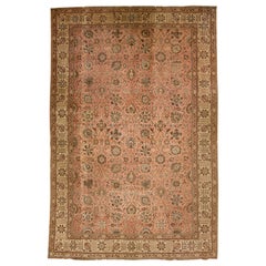 Peach Handmade Antique Persian Tabriz Wool Rug with Floral Motif