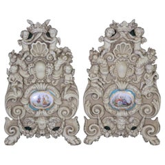 Retro Pair French Figural Carved Wall Decorations with Sevres Style Plaques