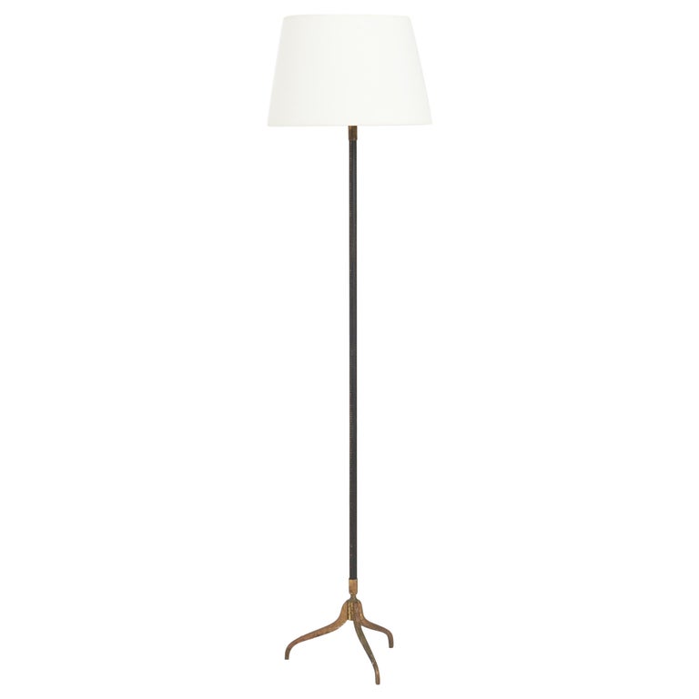 Brass and Black Leather Floor Lamp For Sale at 1stDibs