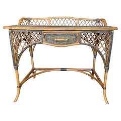 1980s Boho Chic Rattan and Bamboo Desk with Glass Top