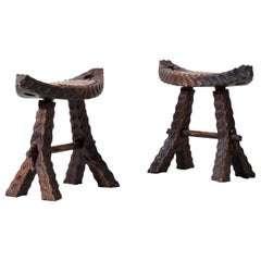 Vintage French Primitive Stool, a Pair