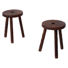French Midcentury Tripod Stool, a Pair