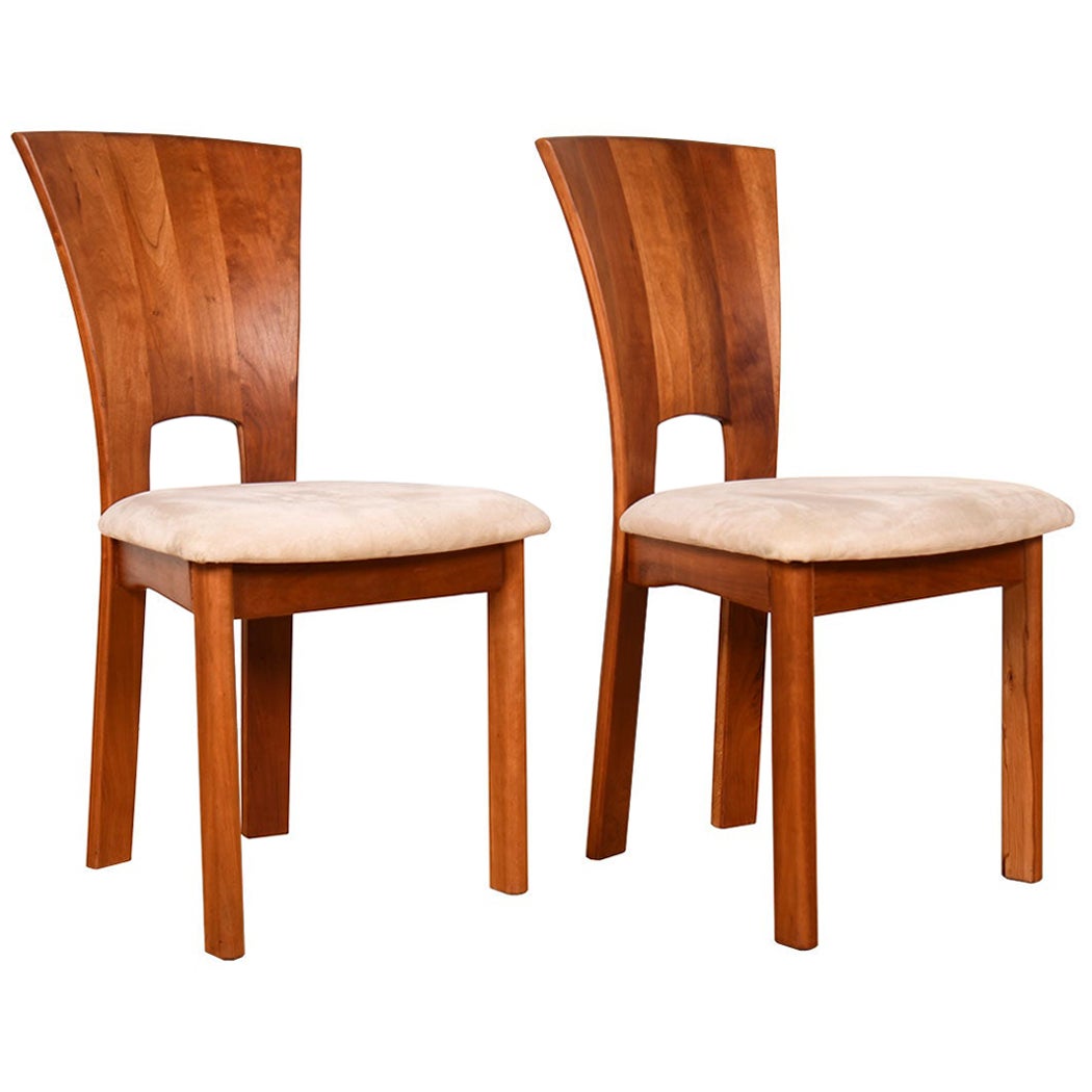 Pair of Sculpted Solid Wood Tallback Accent Chairs in Ultra-Suede For Sale