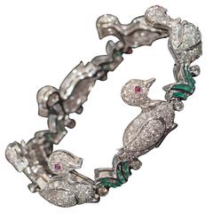 Vintage Row of Ducklings Platinum Bracelet Accented with Diamonds, Rubies and Emeralds