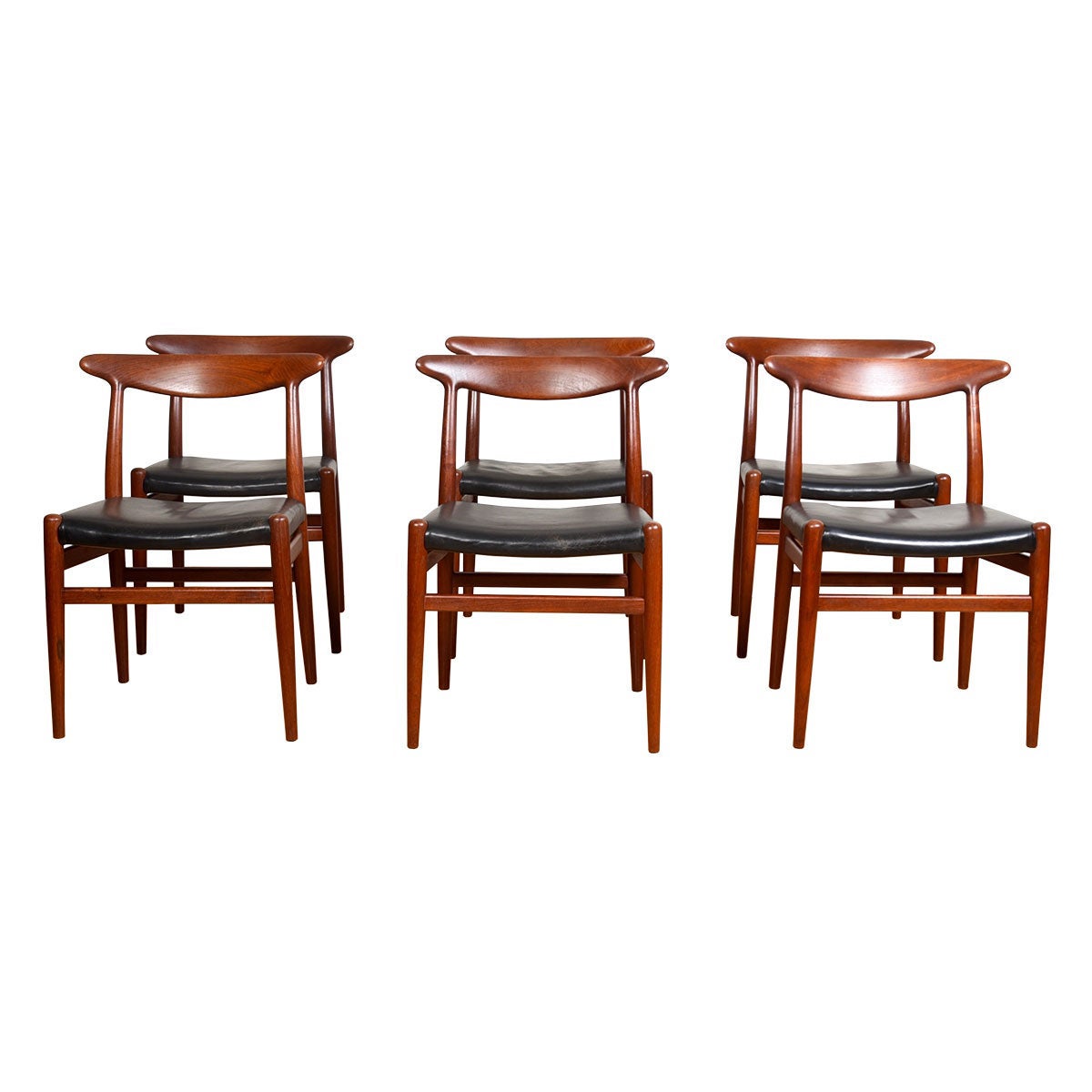 Ensemble de 6 chaises de salle à manger danoises modernes en teck et cuir W2 de Hans Wegner en vente