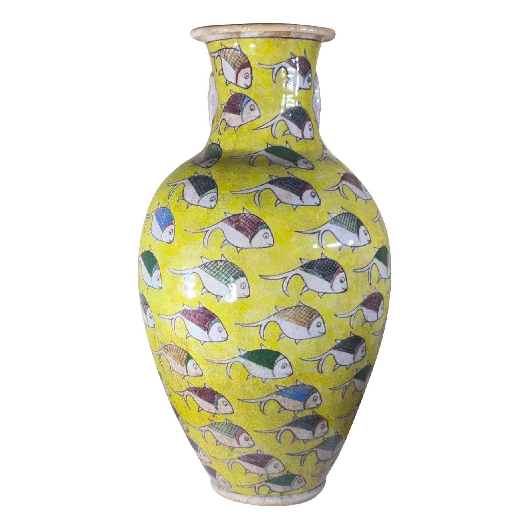 Grand vase persan vintage en céramique peint à la main en forme de poisson en vente