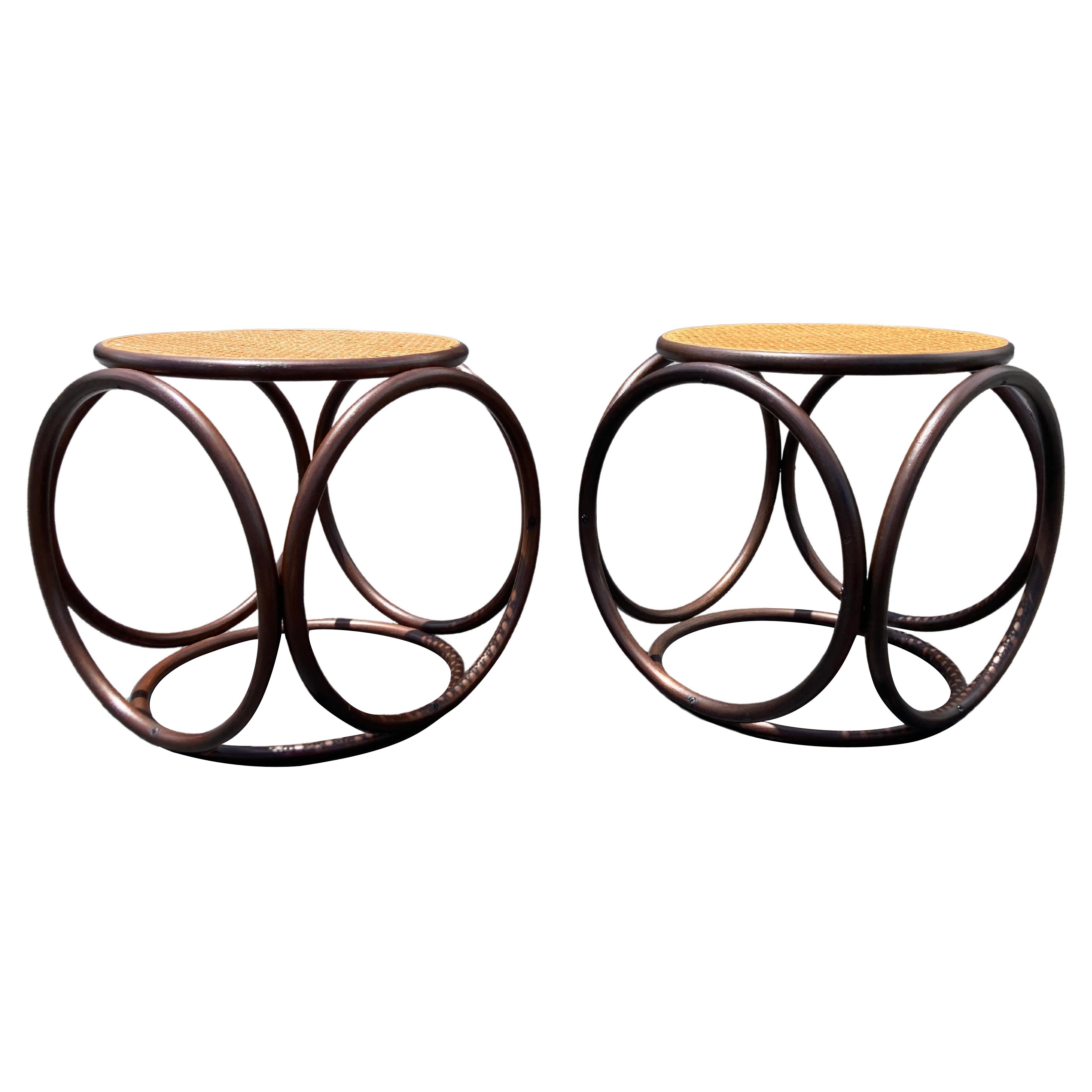 Pair of Stools, Ottomans, Side Tables, Cane and Bentwood Brown