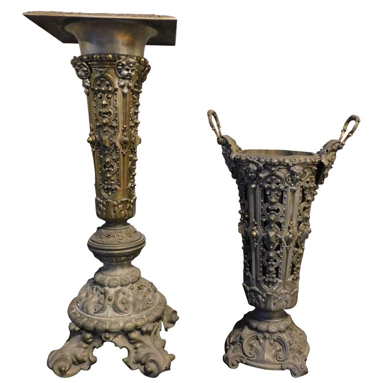Vintage Set of Column Vase Holder and Vase Umbrella Holder, Carved