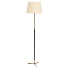 Midcentury Brass and Faux Black Leather Floor Lamp