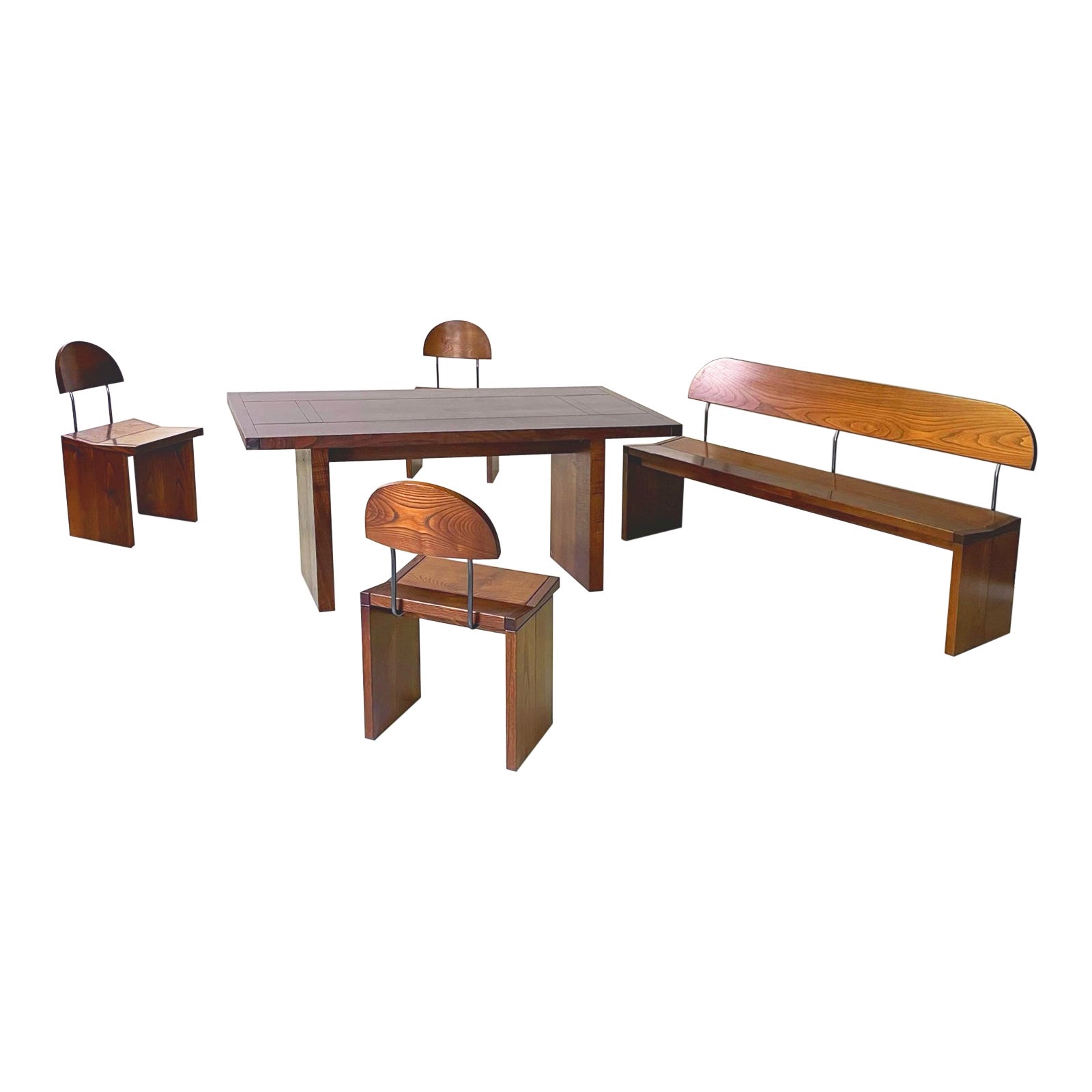 Chaises, banc et table à manger modernes italiennes en bois massif, années 1980 en vente