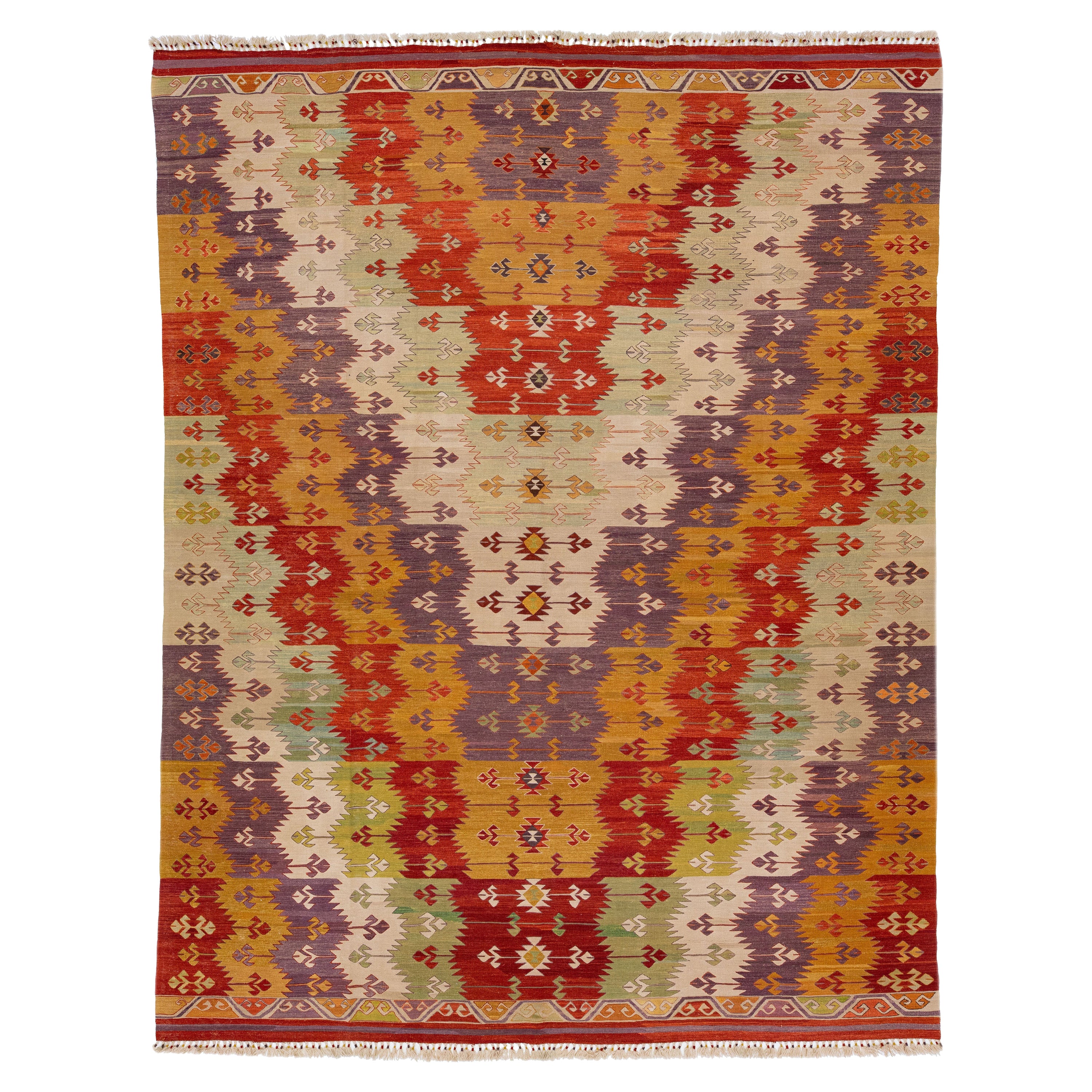 Multicolor Flatweave Kilim Wool Rug with Modern Geometric Design For Sale