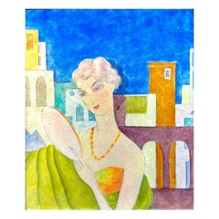 "Fashionable Figure with Mirror", Art Deco Enameled Box in Blue & Lavender