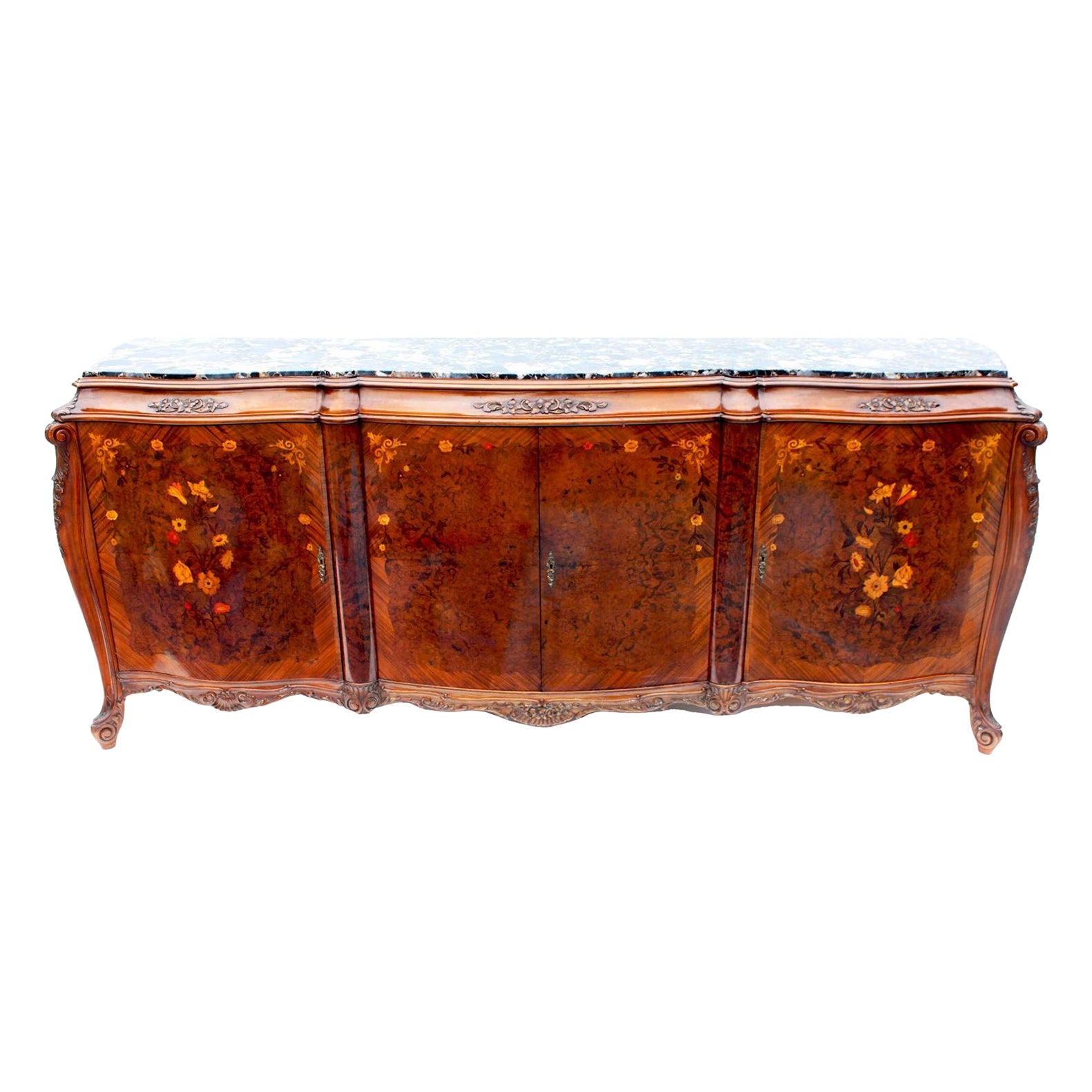 Serveur de buffet de style Louis XV en marqueterie de noyer, ronce de noyer et bois fruitier