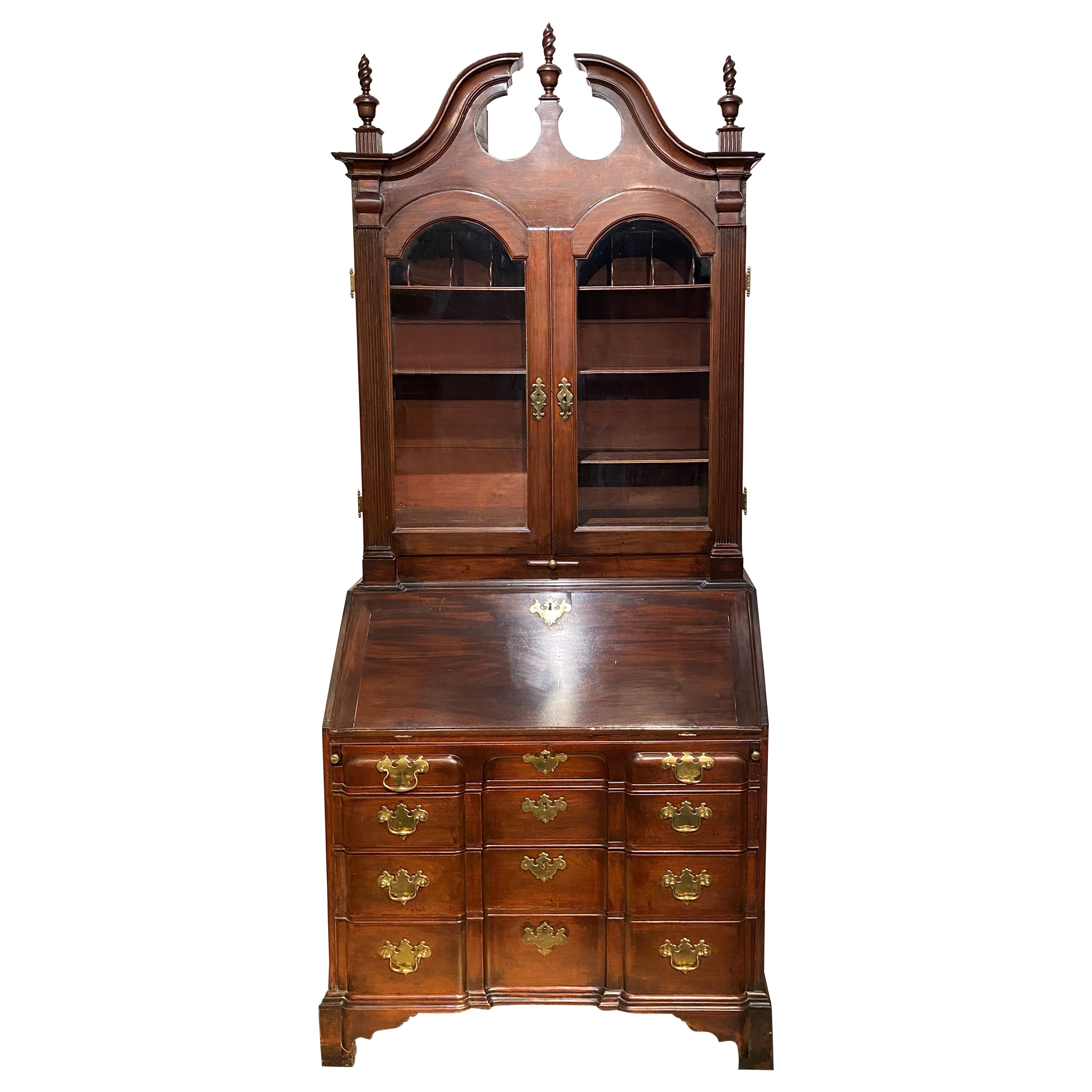 Mahogany Chippendale Style Block Front Secretary Desk with Bookcase Top For Sale