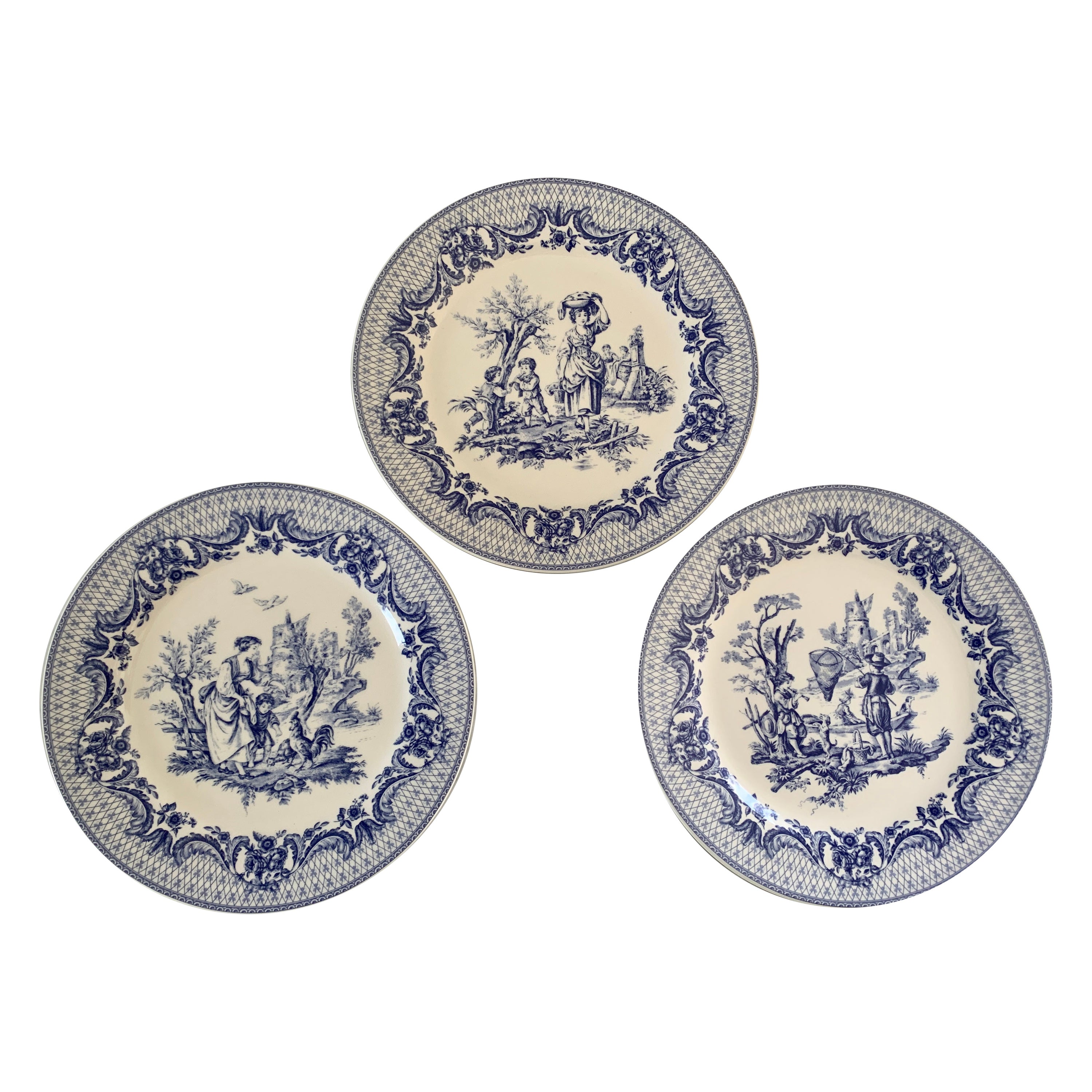 Neoklassizistische blau-weiße szenische pastorale Porzellanteller von Goddinger, Set o im Angebot