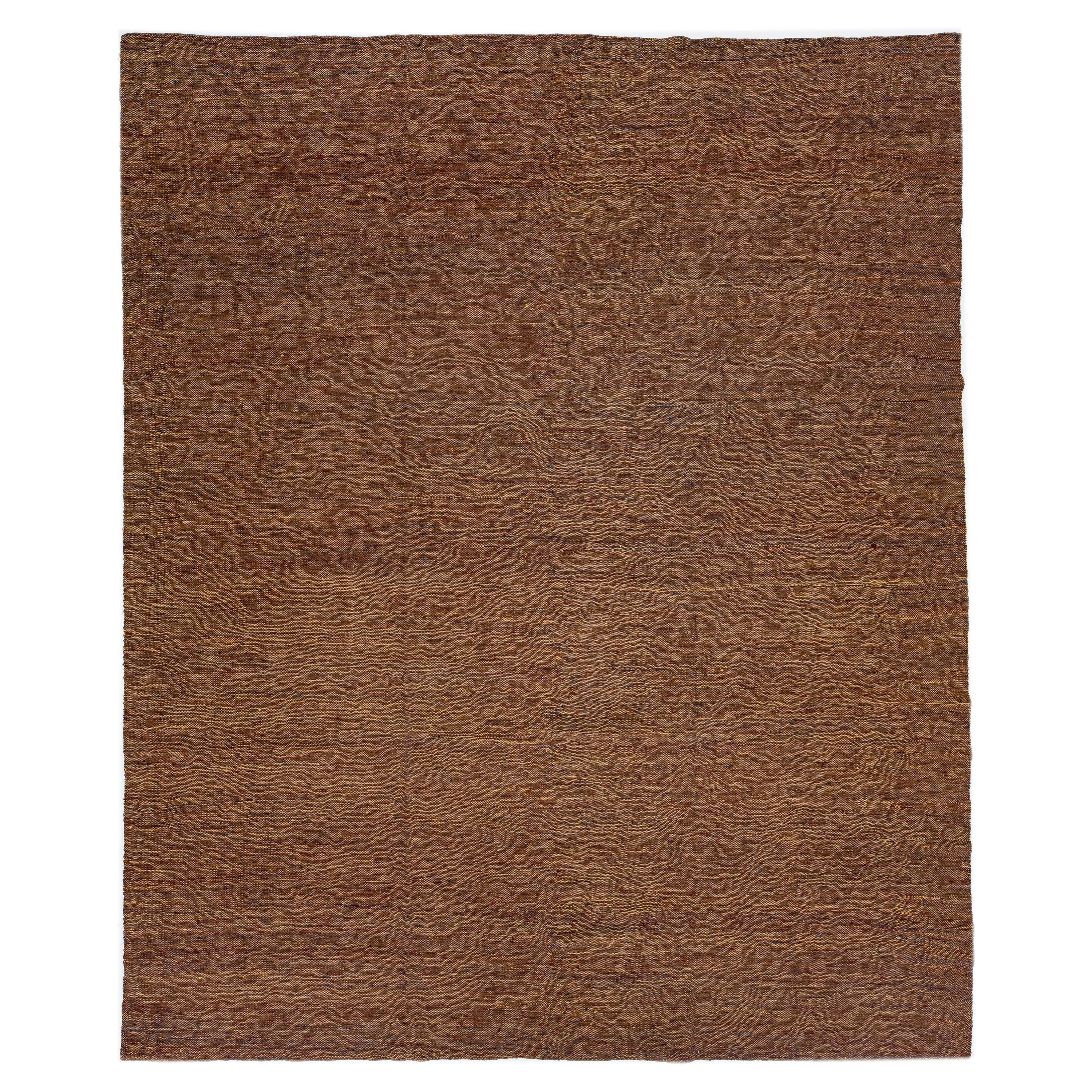 Flatweave Modern Kilim Wool Rug in Brown For Sale
