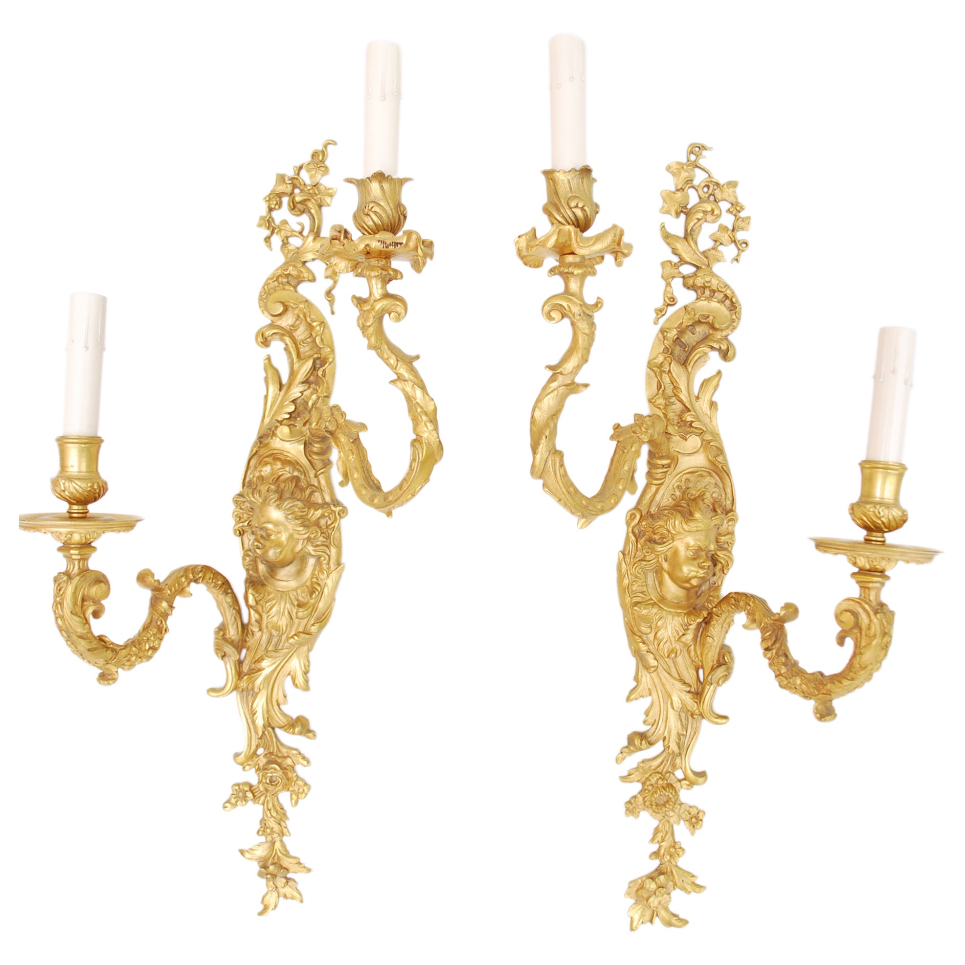 Beautiful French Bronze Sconces with Cherubs For Sale