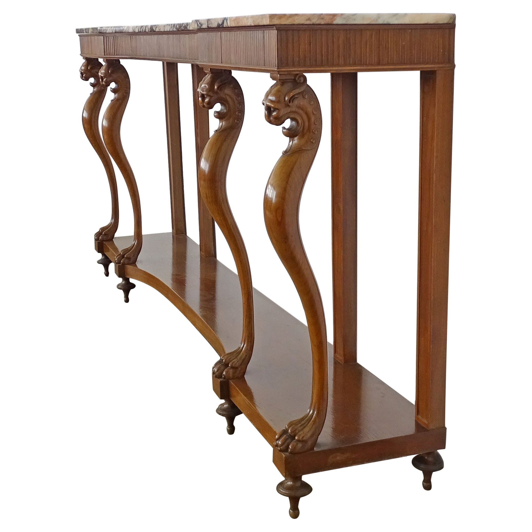 Italian 1920s Art Deco console with feline sculpted legs and marble top