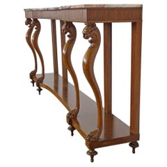 Antique Italian 1920s Art Deco console with feline sculpted legs and marble top