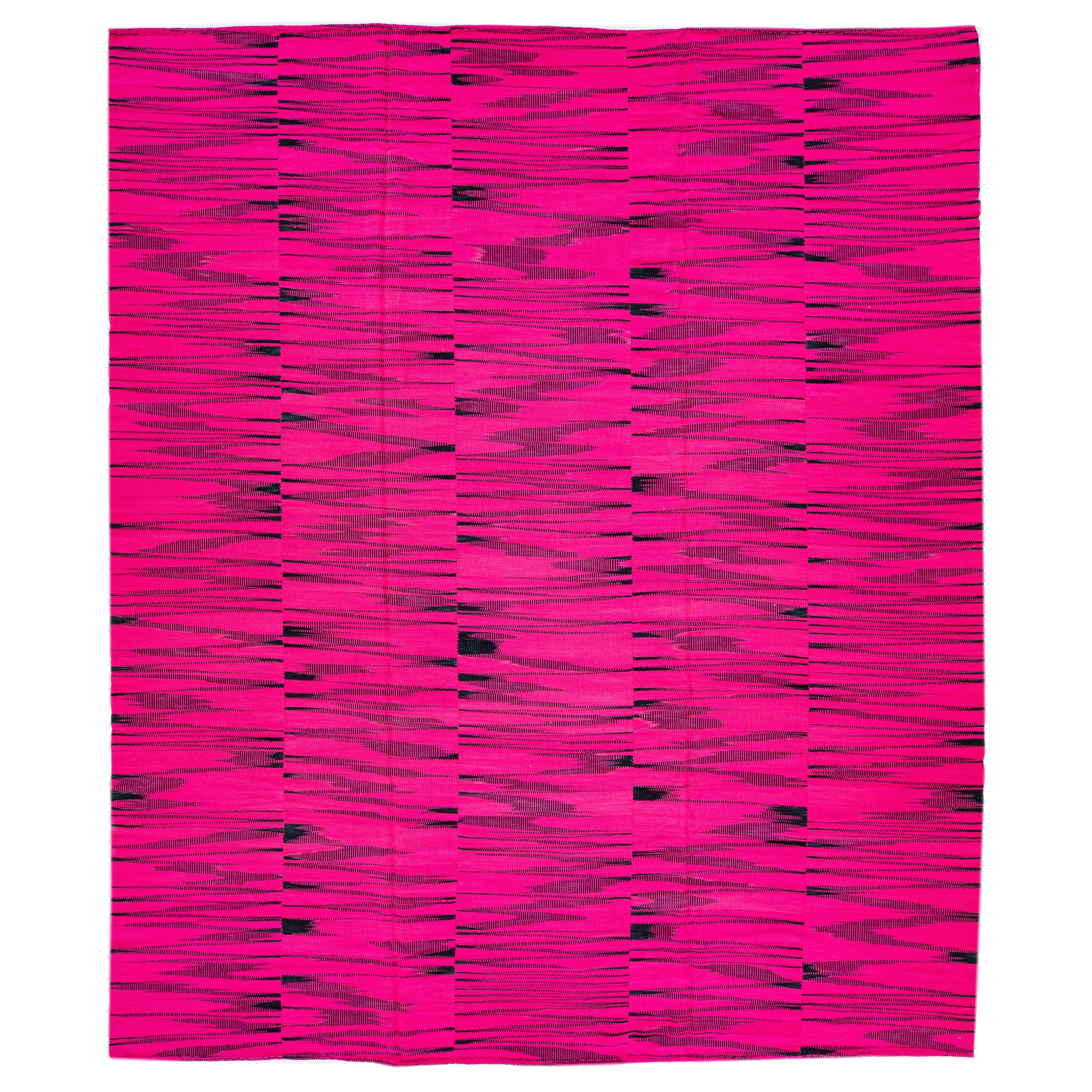 Contemporary Abstract Turkish Kilim Wool Rug In Pink & Black For Sale