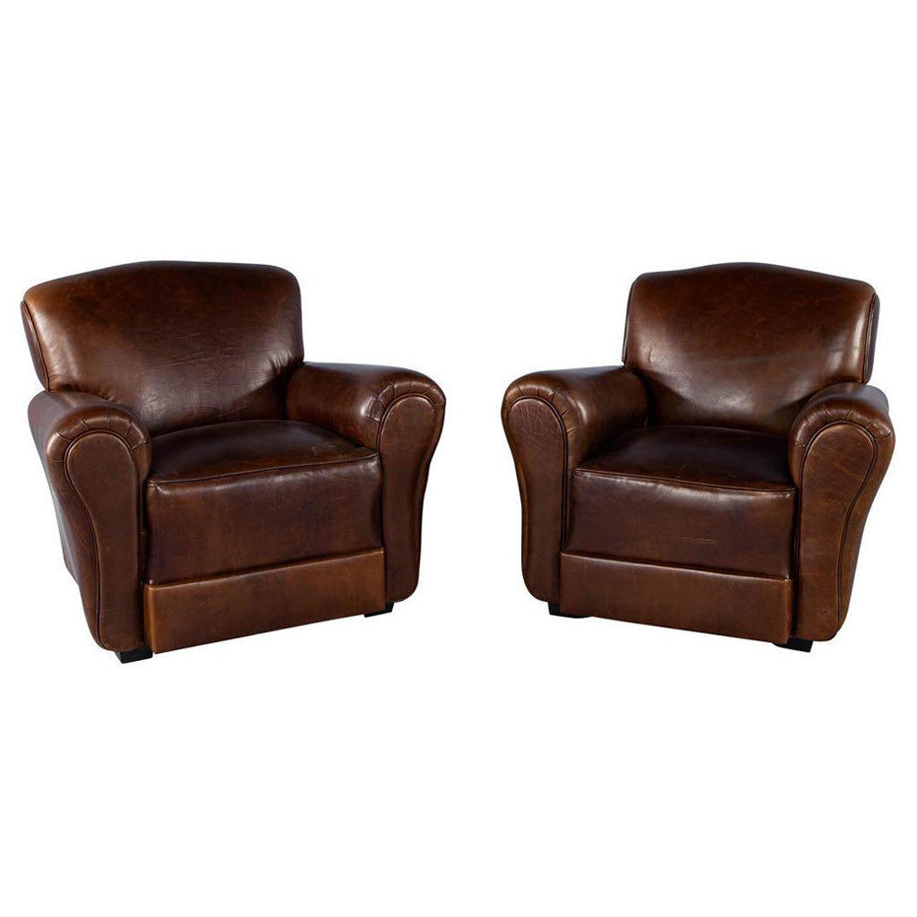 Pair of Art Deco Style Leather Club Chairs, circa 1950s For Sale