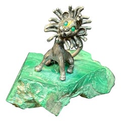 James Schwabe Sterling Silver and Gemstone Lion Sculpture Mounted on Malachite