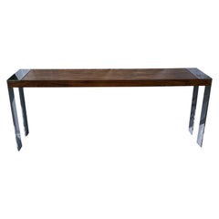 Flair 1970's Wood and Chrome Vintage Console Table in the Style of Milo Baughman