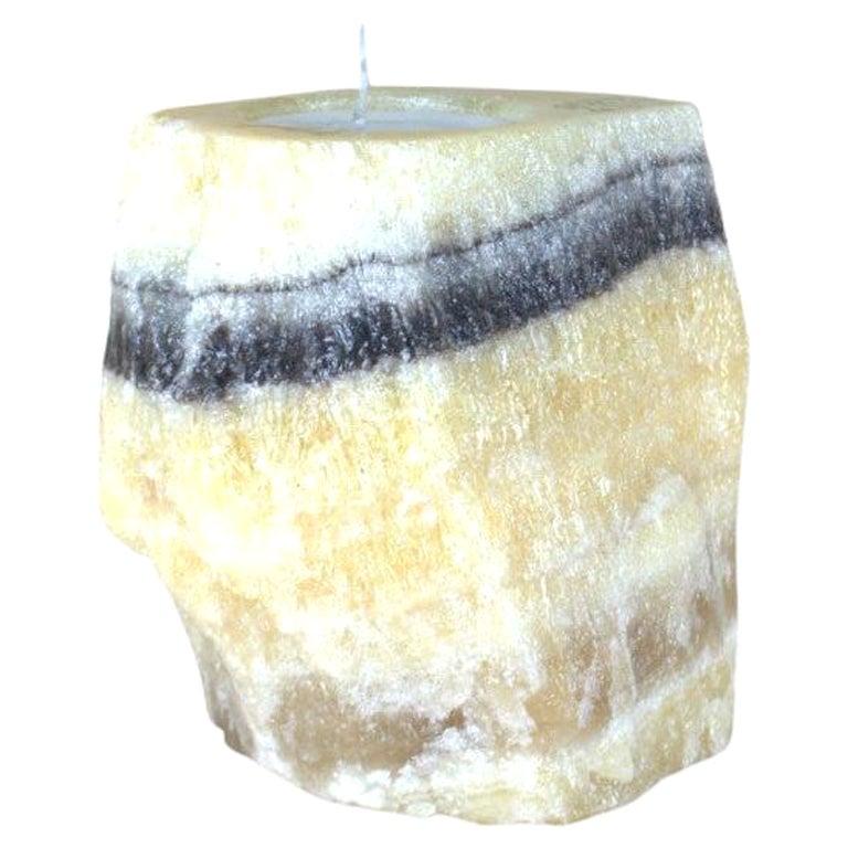 Manually Carved Layered Onyx Candle Holder with Natural Colored Diagonal Stripe For Sale