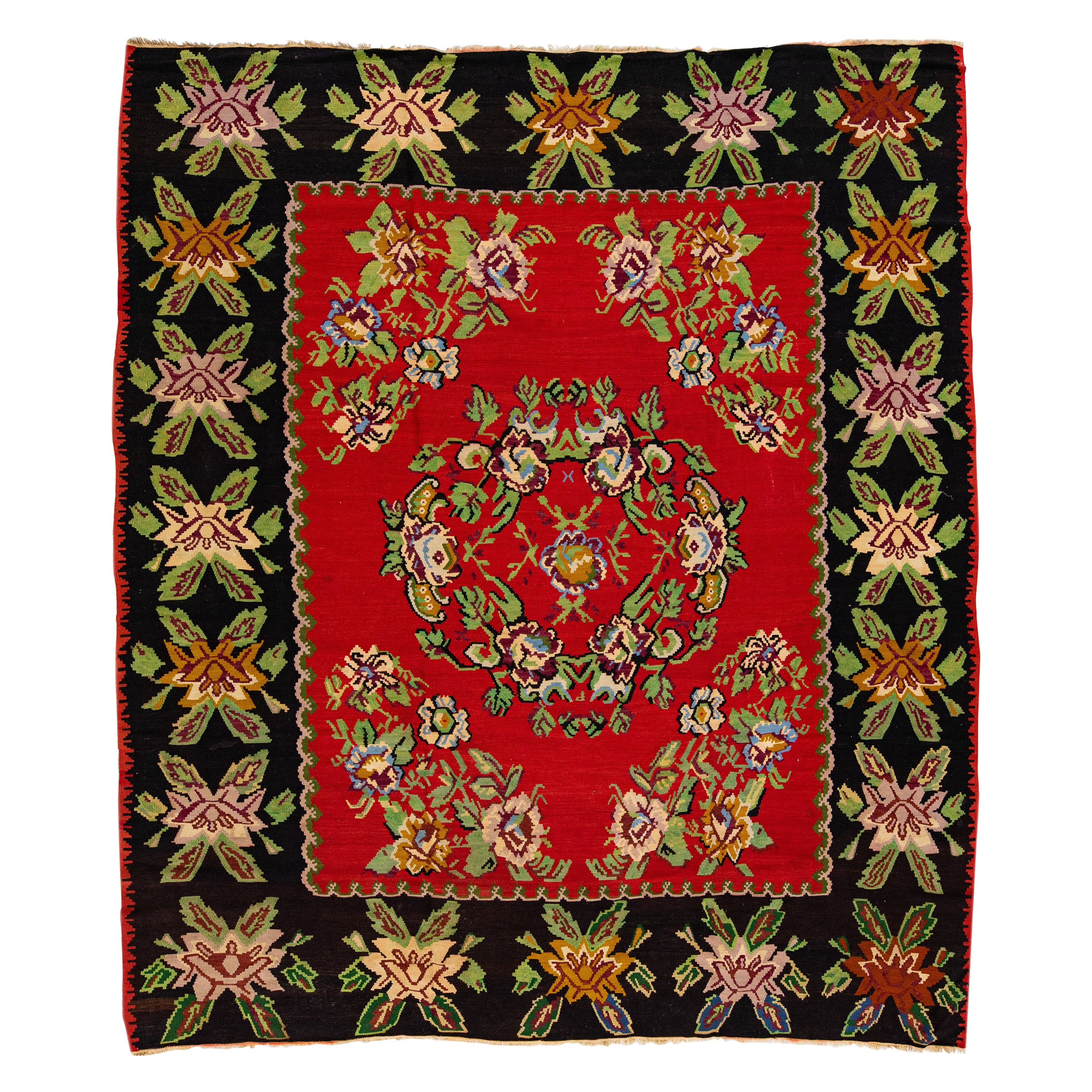 Tapis Kilim rouge vintage en laine de style bessarabique avec motif floral sur toute sa surface en vente