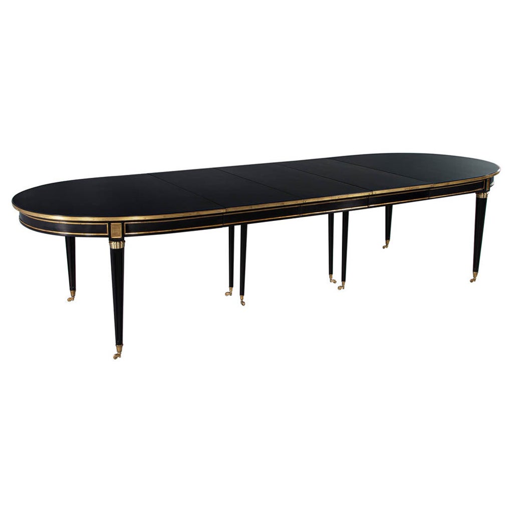 French 1940s Maison Jansen Dining Table in Polished Black with Brass Detailing